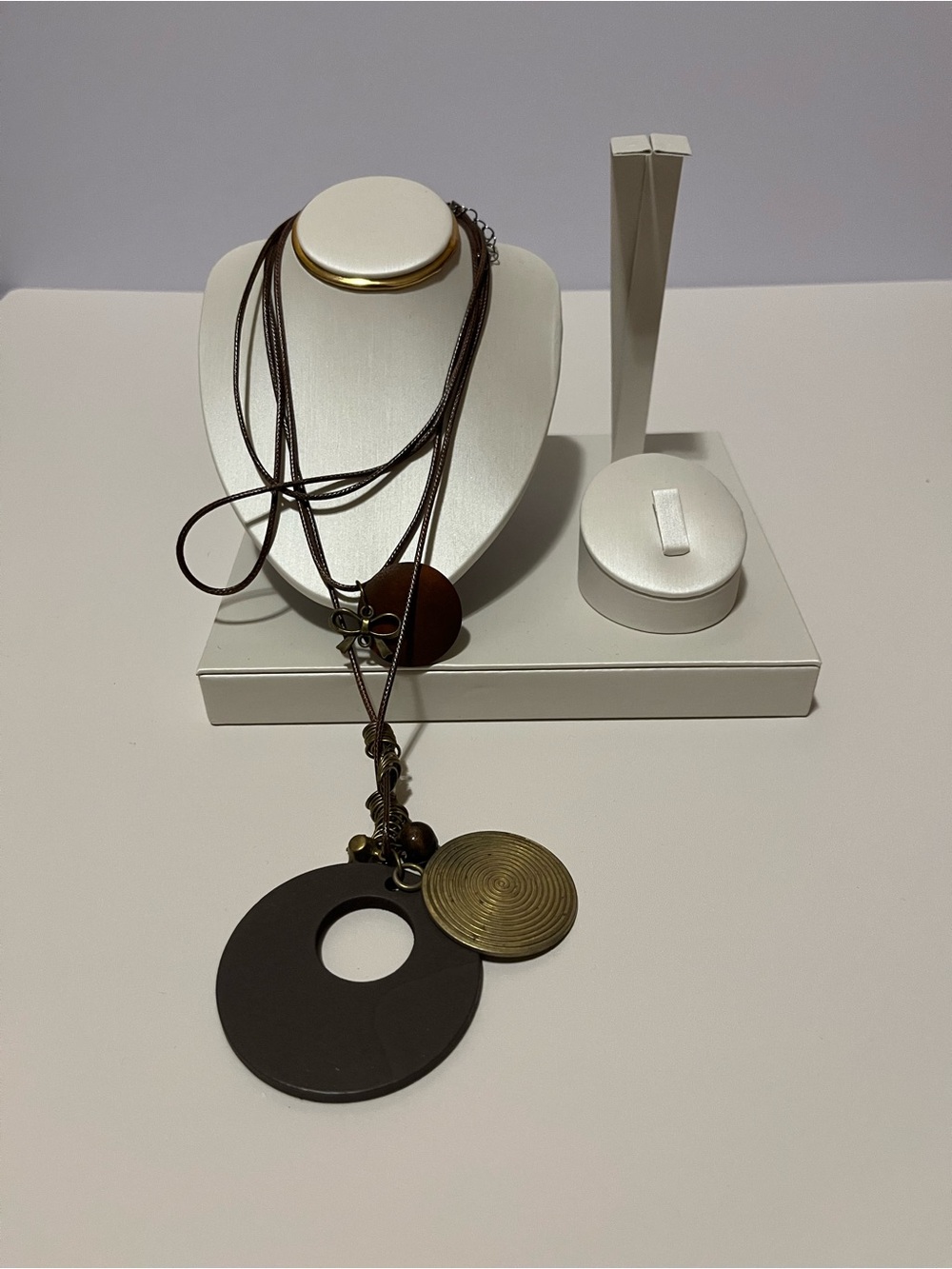 Men's Brown Leather Cord Necklace with Metal Disc Pendants